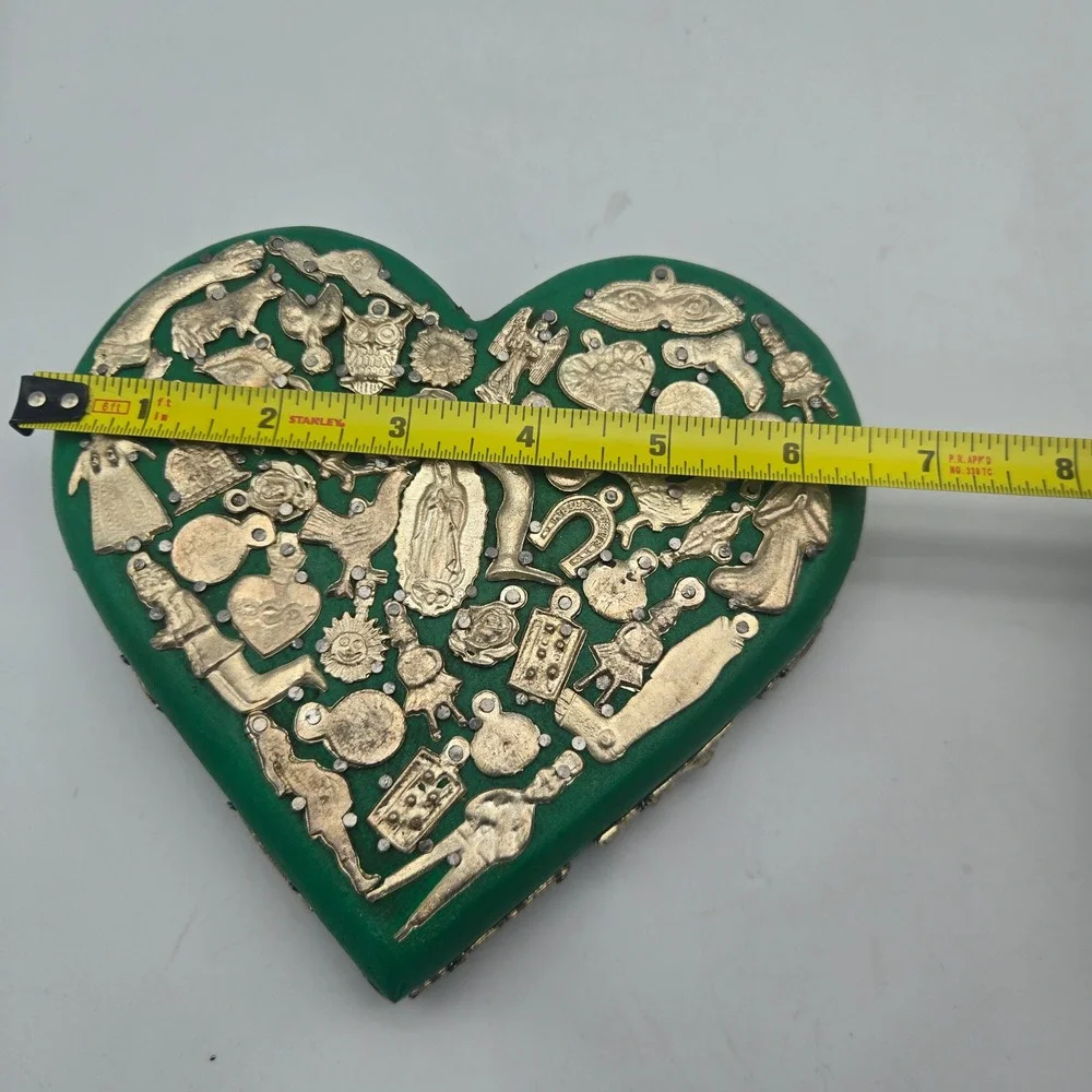 Mexican Milagros Green Painted Wood Heart Plaque Folk Art Wall Hanging Guadalupe